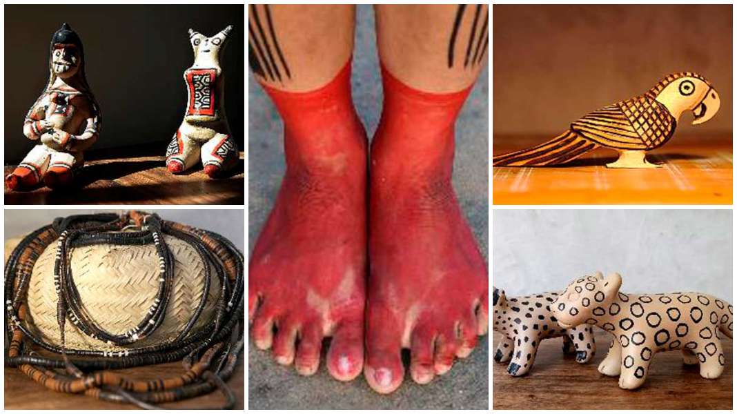 Bonecas ritxoko karajá, Colar de sementes - Xingu, Pintura corporal com urucum, Onça pintada waurá, Arara Guarani (Divulgação/EtnoArte)