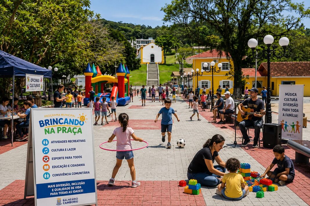 Arte/IA sobre foto da Praça do Pescador, Bairro da Barra, Balneário Camboriú