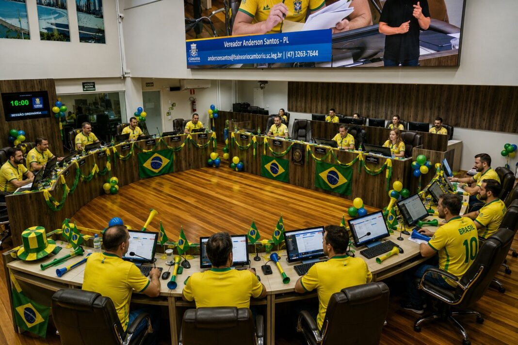 Imagem gerada com inteligência artificial (ChatGPT/OpenAI), a partir de foto da Câmara de Vereadores de Balneário Camboriú
