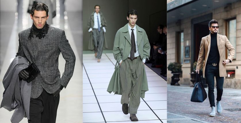 A moda masculina aposta em peças duráveis, alfaiataria e visual mais maduro. (Crédito Dolce & Gabbana/Giorgio Armani/Anellimn)