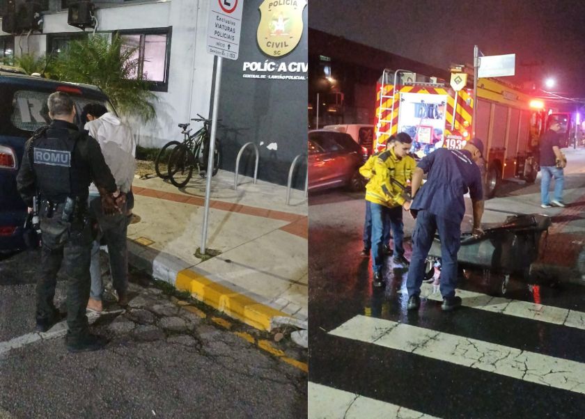 Homem foi preso logo após colocar fogo em lixeira (Fotos GMBC)