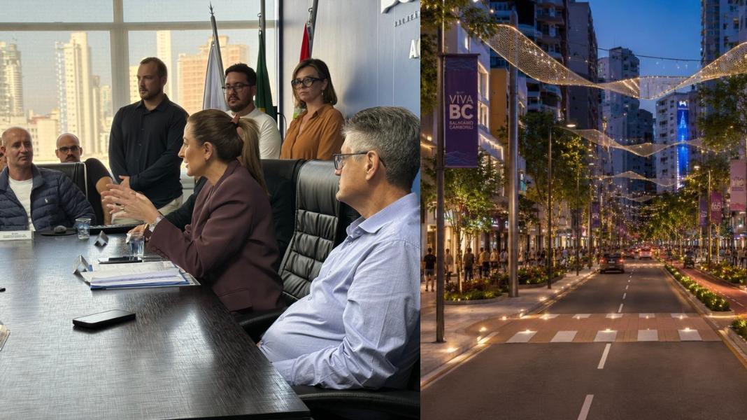 Marcos Gracher, presidente do Instituto + BC, a prefeita Juliana e o vice Nilson na reunião que instituiu os comitês, com foco principal na congestionada Avenida Brasil (Fotos PMBC/Instituto +BC)