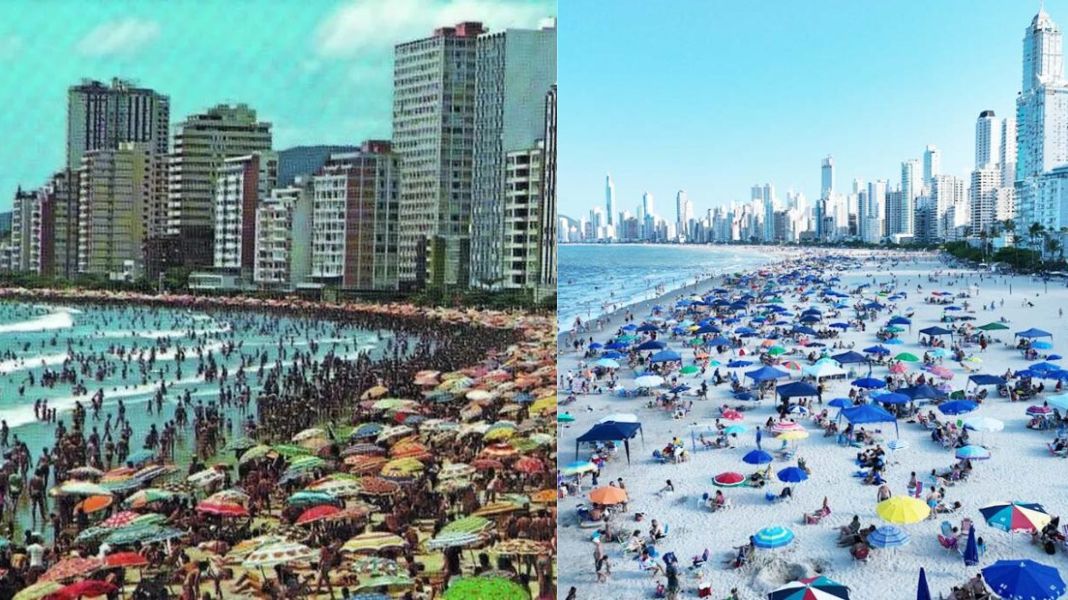 Vista Barra Sul - ainda apinhada de gente, mas com mais espaço na areia pelo seu alargamento. Vista para Barra Sul. (Foto Arquivo Histórico/PMBC)