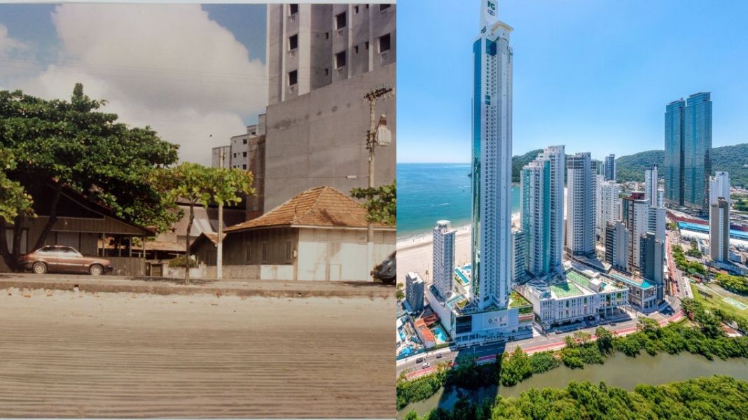 Barra Sul de Balneário Camboriú em 1991 x atualmente - o lado Sul na década de 90 ainda tinha casas em sua Avenida Atlântica. Hoje, a Barra Sul é conhecida justamente por seus arranha-céus (Foto Arquivo Histórico/PMBC)