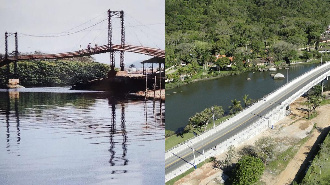 A famosa ponte pênsil, em foto de 1991, que acabou sendo destruída por uma forte enchente e substituída pela Ponte Altamiro Domingos Castilho de concreto (Foto Arquivo Histórico/PMBC)