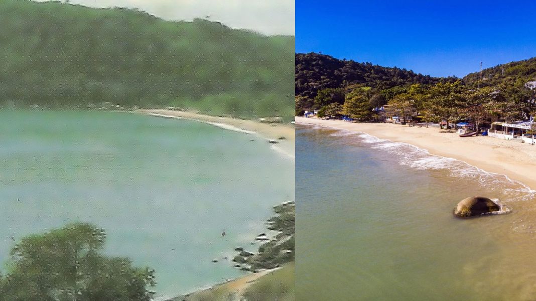 A famosa Praia de Laranjeiras, em registros de 1991 e atual, que é até hoje uma das praias mais queridas pelo público. (Crédito Arquivo Histórico/BC Convention)