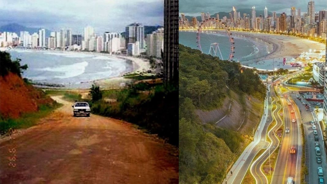 A Estrada da Rainha, que em 1991 ainda era de barro, e hoje se tornou um cartão postal de Balneário Camboriú, conhecida por ser ‘em curvas’. (Fotos Arquivo Histórico/PMBC)
