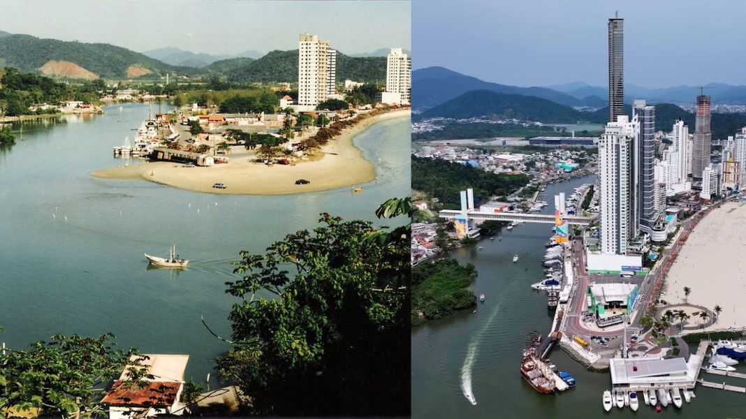A famosa vista da Barra Sul de Balneário Camboriú - em 1991 ainda sem o Parque Unipraias (que foi inaugurado em 1999) e sem os muitos prédios existentes hoje no local. (Crédito Arquivo Histórico/PMBC.)