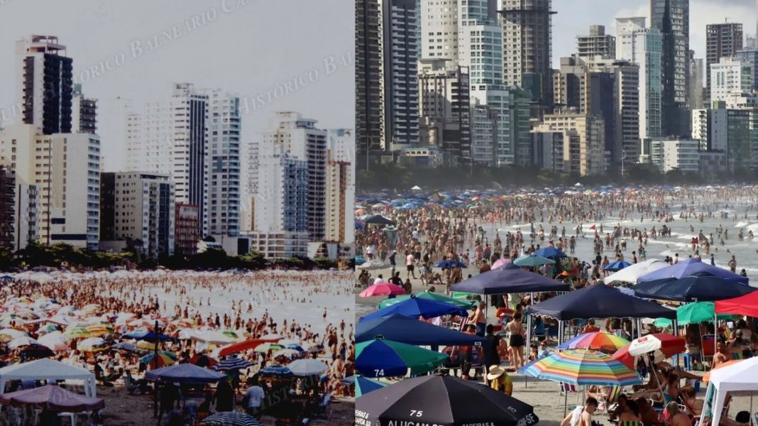 Balneário Camboriú verão de 1991/1992 x verão 2025/2026 - vista para Pontal Norte. A Praia Central segue como seu grande atrativo turístico. (Foto Arquivo Histórico/PMBC)