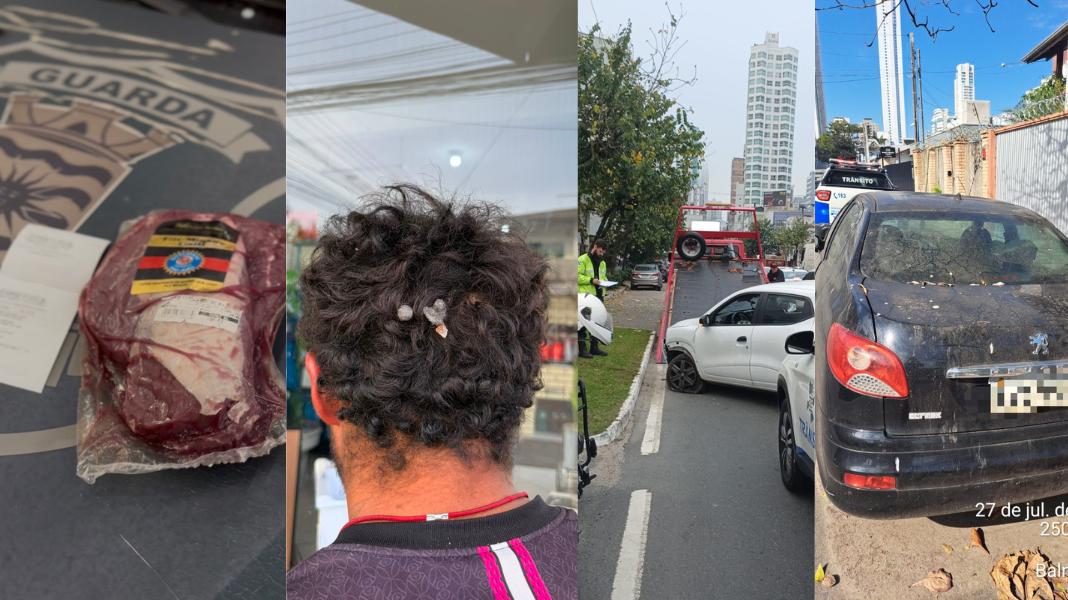 O filé mignon furtado, o crack no cabelo do traficante, o acidente de trânsito e o carro abandonado que foi apreendido. (Fotos GMBC/BC Trânsito)