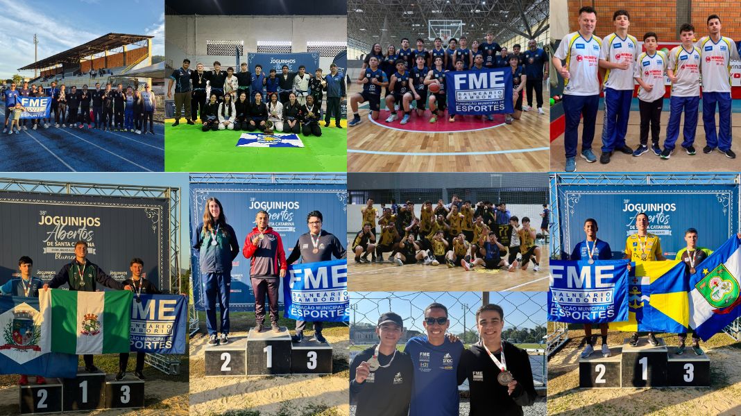 Nas fotos, as equipes de atletismo, jiu-jitsu, basquete, handebol e bocha de Balneário Camboriú no Joguinhos. (Crédito PMBC.)