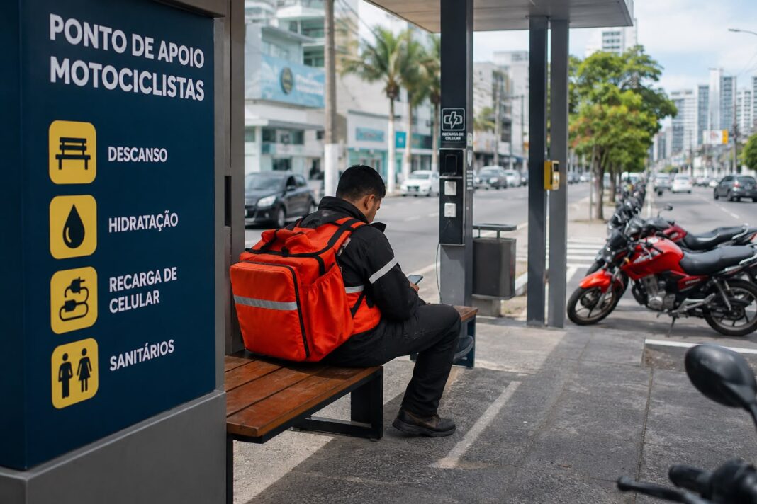 Foto ilustrativa mostra como poderia ser ponto de apoio para motoboys em Balneário Camboriú. Crédito IA/ChatGPT