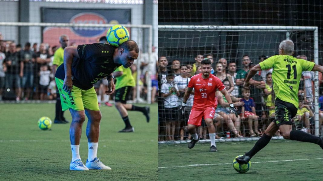 Denilson (E) e Romário (D) em fotos de 2023 na Pelada dos Amigos realizada na CELD. Craques voltam a se enfrentar em setembro pelos 20 anos da Praça de Esportes. Crédito: Divulgação/CELD