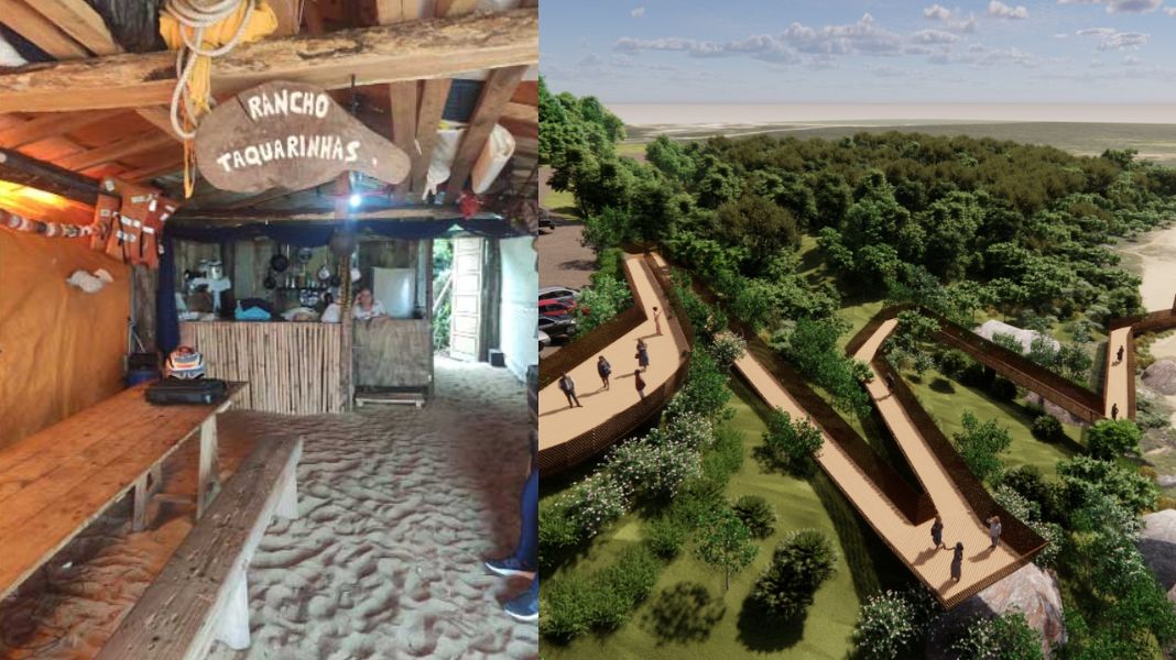 Foto ilustrativa de rancho de pesca de Taquarinhas e do futuro deck que está sendo construído no local. (Crédito: Arquivo JP3/PMBC)