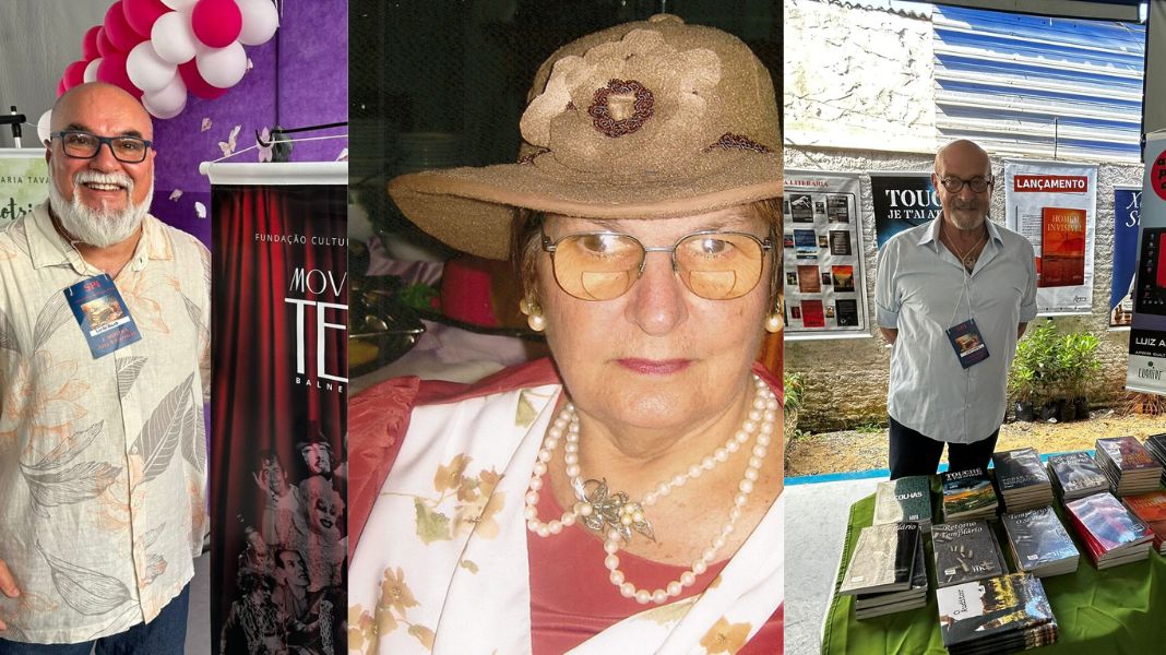 O escritor Luciano Estevão (E) integra a programação, que é organizada por Luiz Kappel (D); o evento homenageará e contará com sorteio de exemplares do livro 'O Primeiro Presente', de Tamara Kaufmann (in memoriam - foto no centro). (Divulgação)