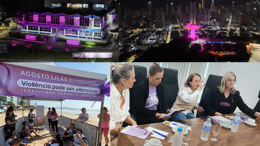 Balneário Camboriú iluminou pontos de lilás ao longo do mês e realiza ações pela cidade: nesta semana, Sindilojas e Procuradoria da Mulher se uniram em nova campanha. (Crédito: Divulgação)