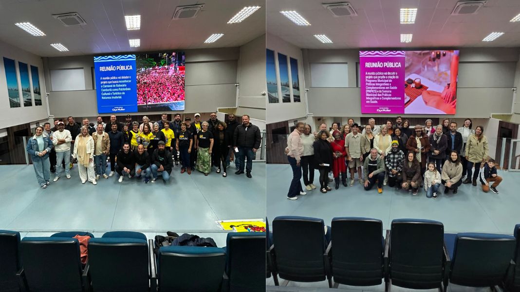 Reuniões públicas discutiram Carnaval (foto esquerda) e práticas integrativas (direita). (Crédito Renata Rutes/Gabinete Ciça Muller)