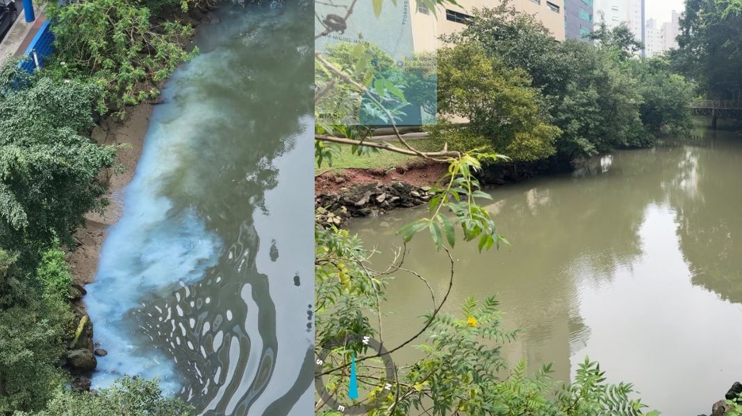 O flagrante feito pela moradora por volta de 13h x o Rio Marambaia por volta de 16h20. (Crédito: Reprodução/Fiscalização Ambiental PMBC.)