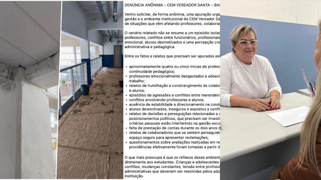 CEM Vereador Santa passa por reclamações de estrutura e gestão: Secretaria de Educação terá gabinete na escola na próxima semana. (Fotos Reprodução/PMBC.)