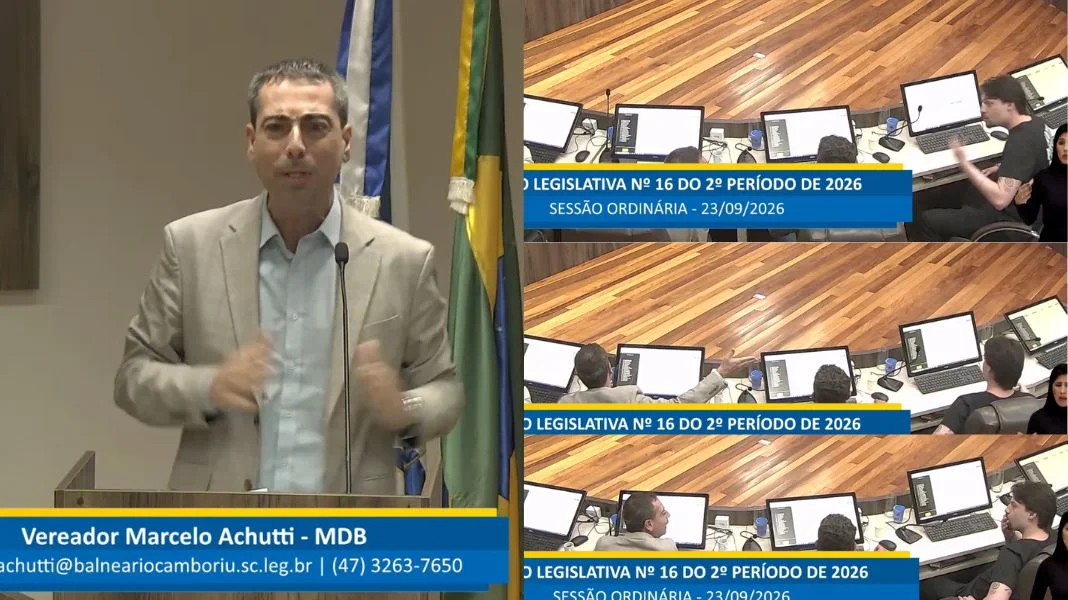Achutti na tribuna nesta quarta (23) e imagens do momento da discussão com Jair Renan, que teve até troca de beijinhos. (Fotos: Reprodução/CVBC.)