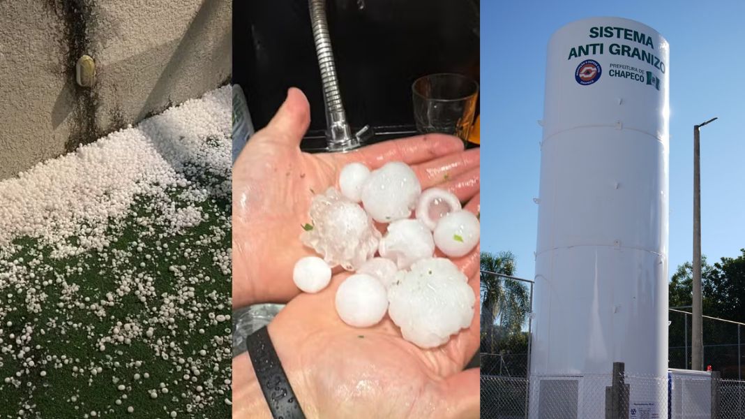 Na esquerda e no centro, fotos de granizo no final de semana em Florianópolis, na direita o sistema antigranizo de Chapecó. (Crédito Reprodução/Prefeitura de Chapecó)