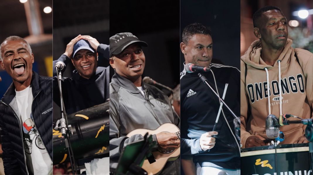 Da esquerda para a direita, no Pagode dos Amigos pós jogo: Romário, Denilson, Capetinha, Popó e Amaral. (Fotos Paulo Estevam)
