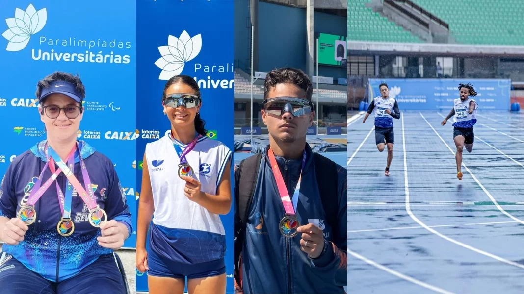 Da esquerda para a direita - Gévelyn Cássia Almeida, Caroline Gomes de Castro, Vyctor dos Anjos (na foto com as medalhas e na foto da dupla, no lado esquerdo) e Matheus Ramos do Amaral (Divulgação/PMBC)
