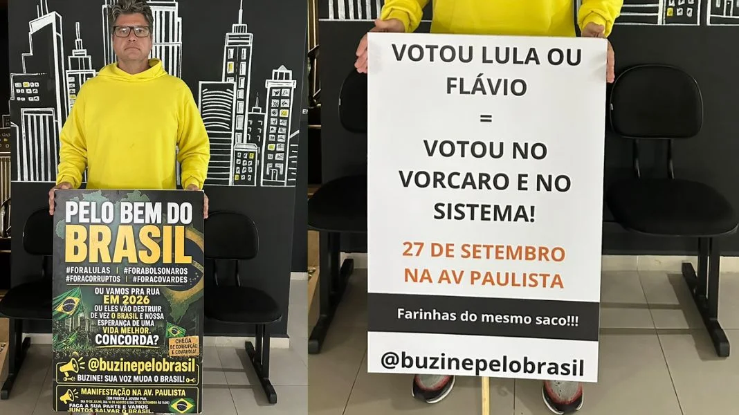 Carlos e suas placas que levará para São Paulo (Divulgação)