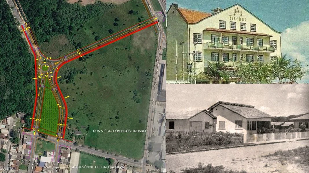 A rua que poderá homenagear Zé Martins e duas obras emblemáticas que ele ajudou a construir, o Hotel Fischer e a casa do presidente João Goulart. (Crédito Reprodução/CVBC)