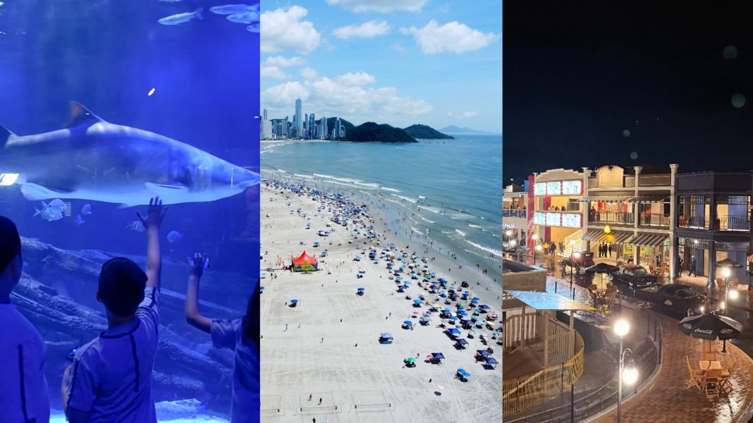 Balneário Camboriú tem atrativos fechados em caso de chuva como o Oceanic Aquarium (E), a Praia Central em destaque (C) e ainda uma novidade: o Roddertown (D). (Crédito Divulgação)
