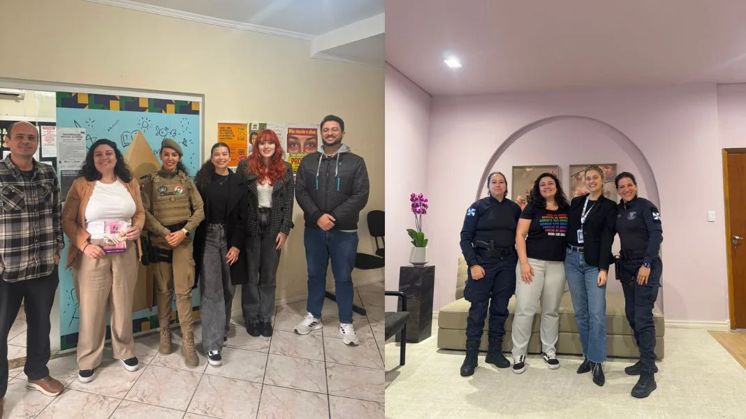 Conselheiros tutelares de Balneário Camboriú com a Rede Catarina (E) e com o GPM (D). (Crédito Divulgação)