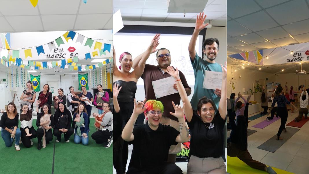 Da esquerda para a direita: oficina de slingdance, oficina de DJs e aula de yoga. (Crédito Udesc Balneário Camboriú)