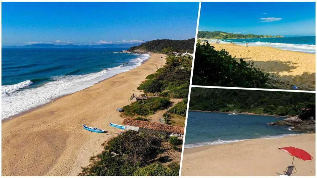 As três praias Bandeira Azul de Balneário Camboriú: Estaleirinho (E) - Divulgação/BC Convention), Praia do Estaleiro (à direita, em cima) e Praia de Taquaras (Arquivo/SecturBC)