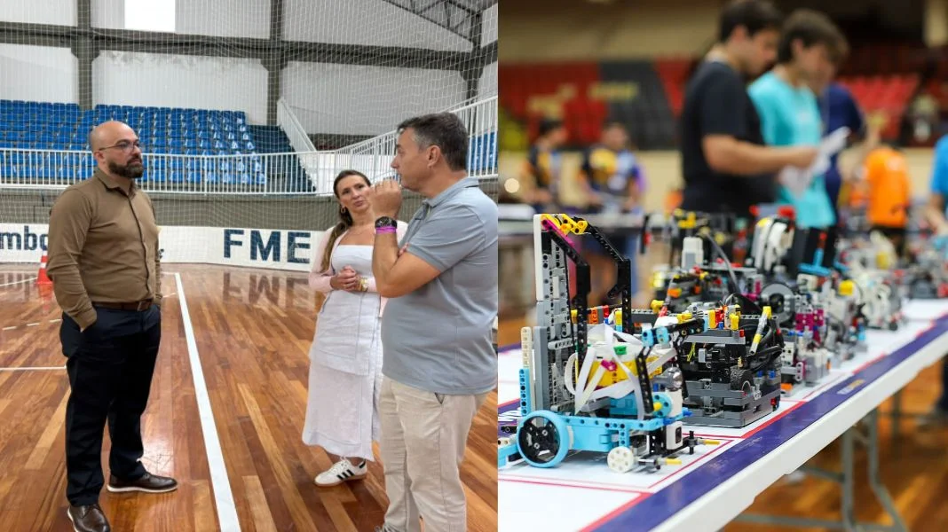 Balneário Camboriú recebeu visita técnica na última semana (E) e evento está confirmado para acontecer na cidade em 2027. Na foto à direita, edição ocorrida em Joinville em 2026. (Crédito PMBC/Robomind)
